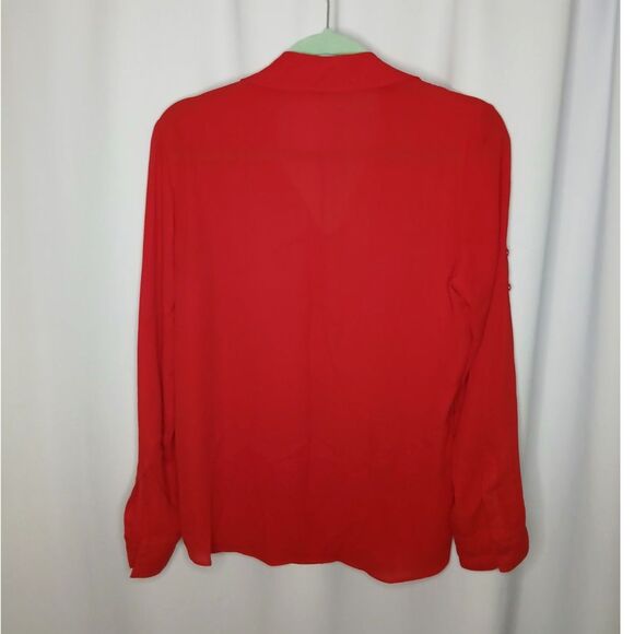 Express Roll Tab Sleeve Blouse Collar Lightweight Chest Pockets Red Womens Med - Picture 3 of 7